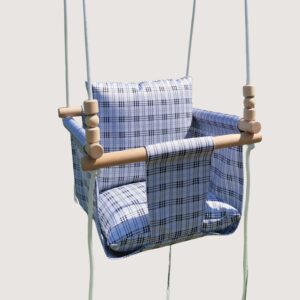 Baby swing chair with natural beech wood frame and soft pillows