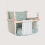 Indoor hanging linen baby swing with beech wood frame and chunky beads