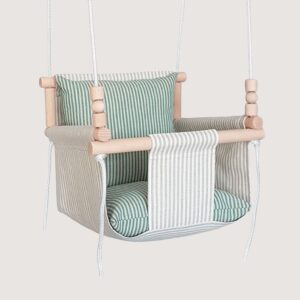Indoor hanging linen baby swing with beech wood frame and chunky beads