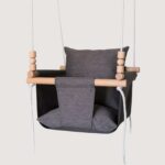 Hanging swing for outdoor use with waterproof pillows and wooden frame